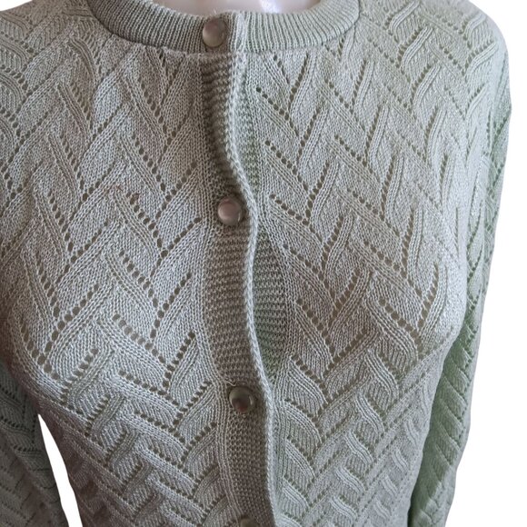 Womens Medium Vtg Cardigan Sweater Mint Green Chevron Knit Pearl Granny Buttons - Picture 2 of 8